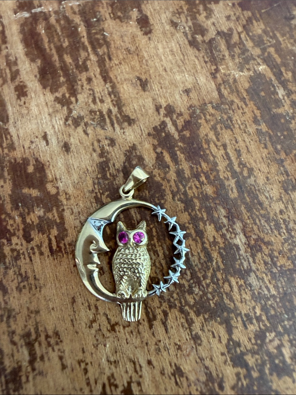 Vintage 9K Gold Owl Pendant with Pink Sapphire Eyes + Diamonds